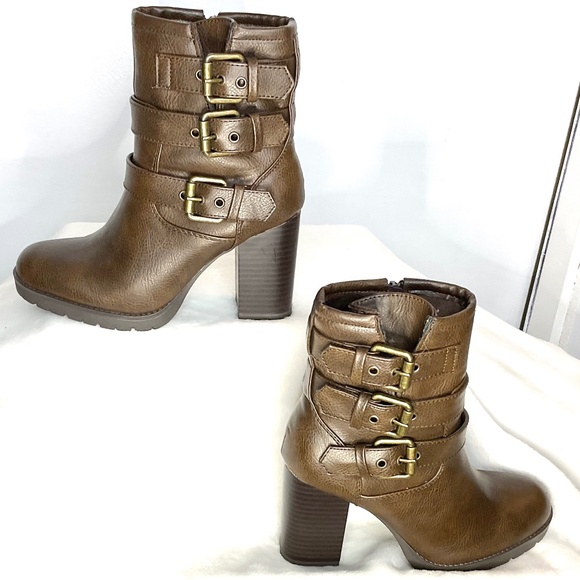 XOXO Shoes - BROWN XOXO JAMILA MOTO HIGH HEEL BUCKLE SIDE ZIP BLOCK HEEL ROUND TOE BOOTS